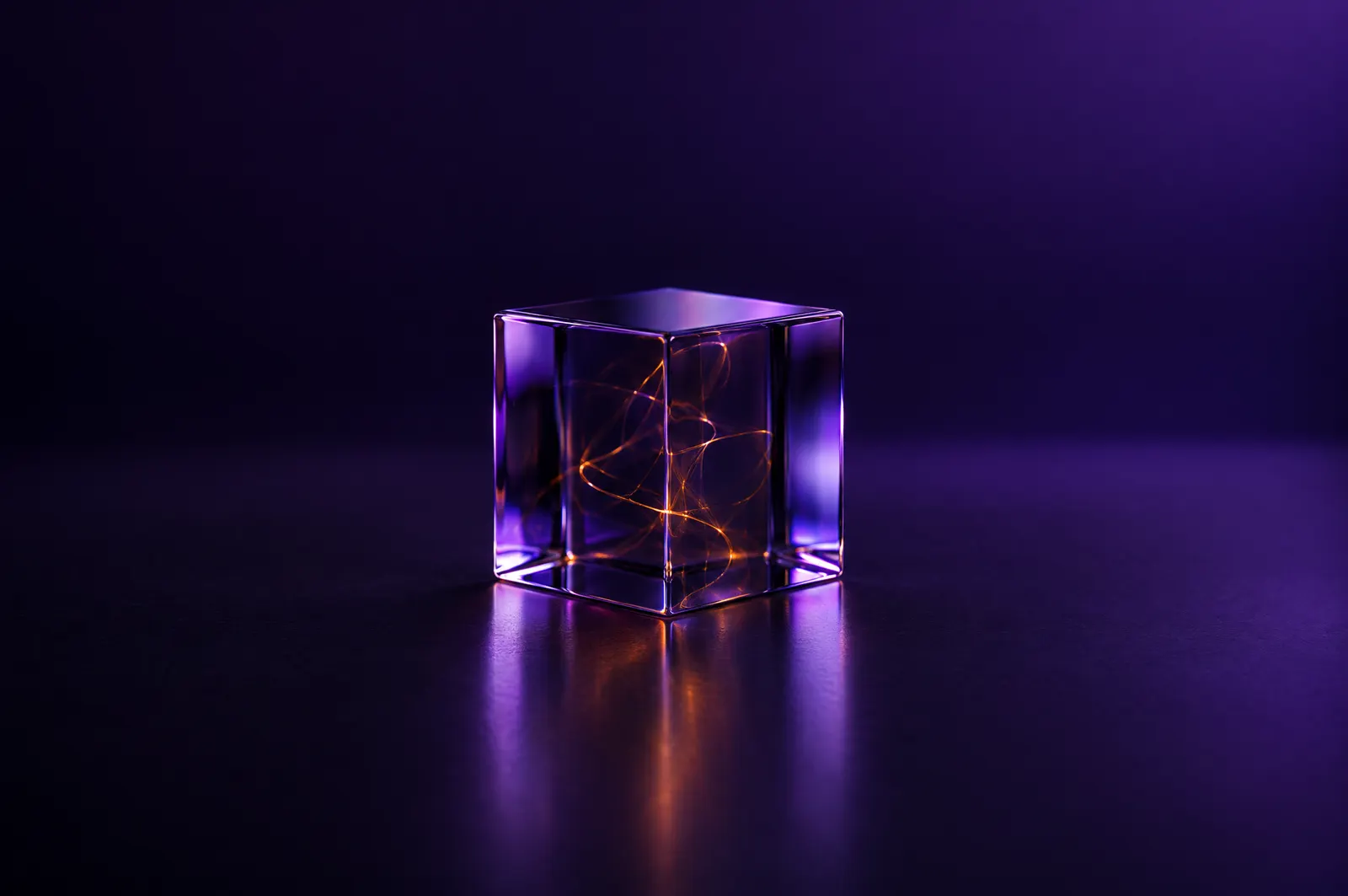 Cubo de vidro polido sobre fundo roxo escuro, com um fio laranja luminoso e embolado visível dentro dele